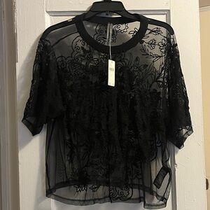 NWT Anthropologie Sheer Black Embroidered Short Sleeve Top
